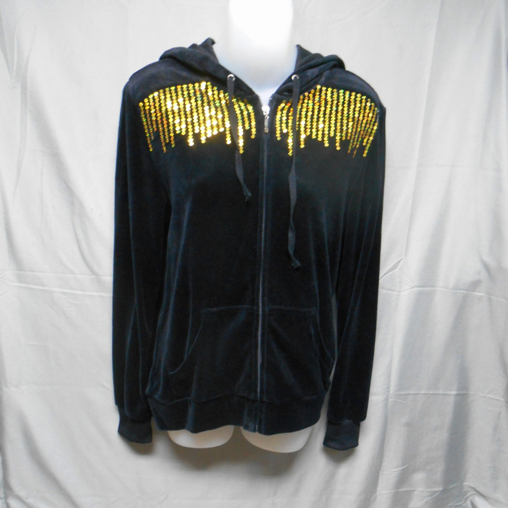Whisper Me black w/gold sequin zip velour hoodie M